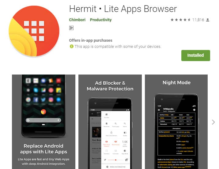 Best Lightweight Android Apps - Hermit Lite App Browser