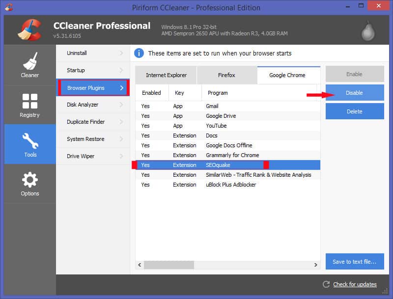 Disable Browser Plugin Using CCleaner