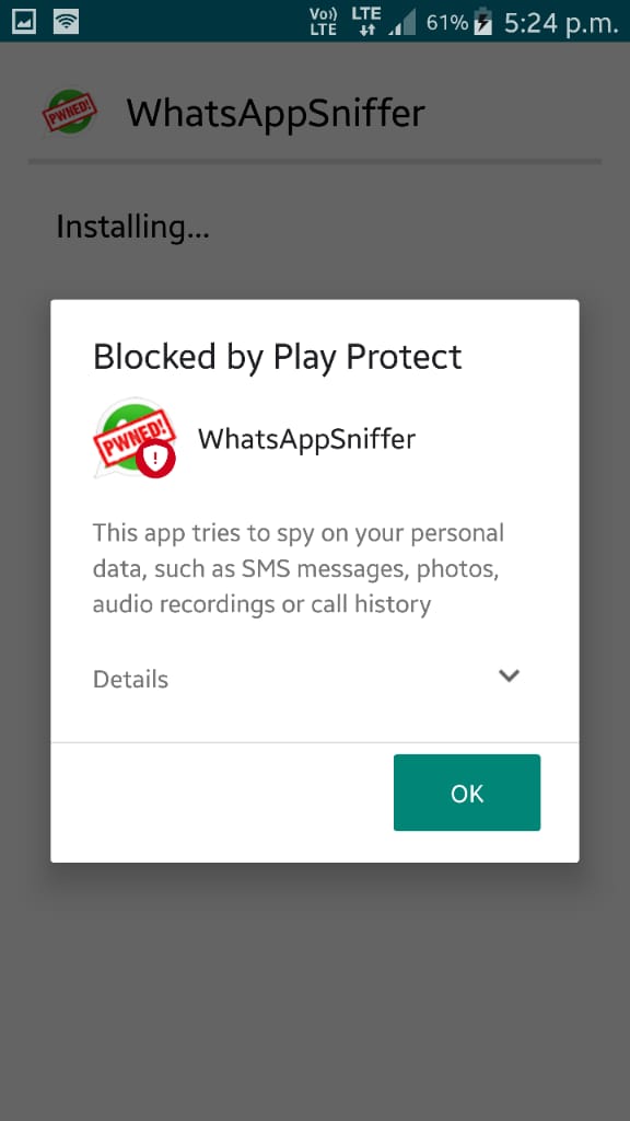 WhatsApp Sniffer Installation Blocked by Play Protect